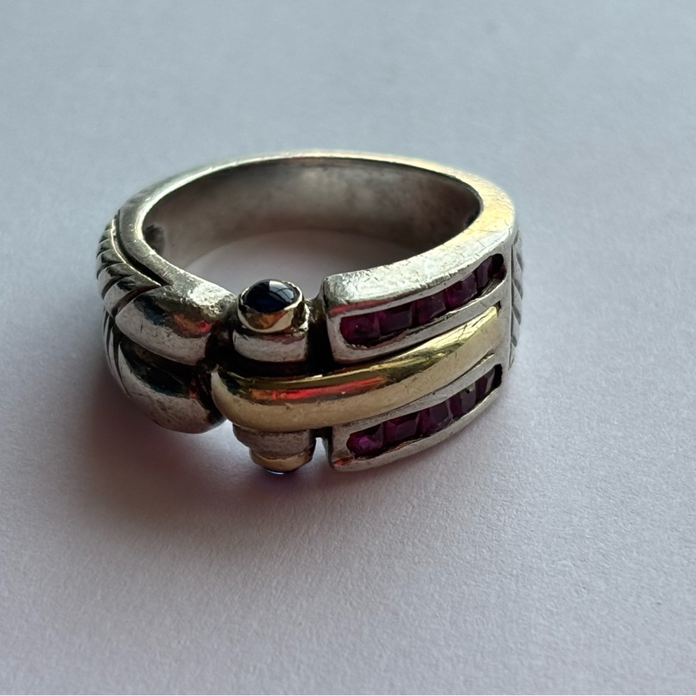 Gorgeous sterling silver band with 18k accents, rubies and sapphires.